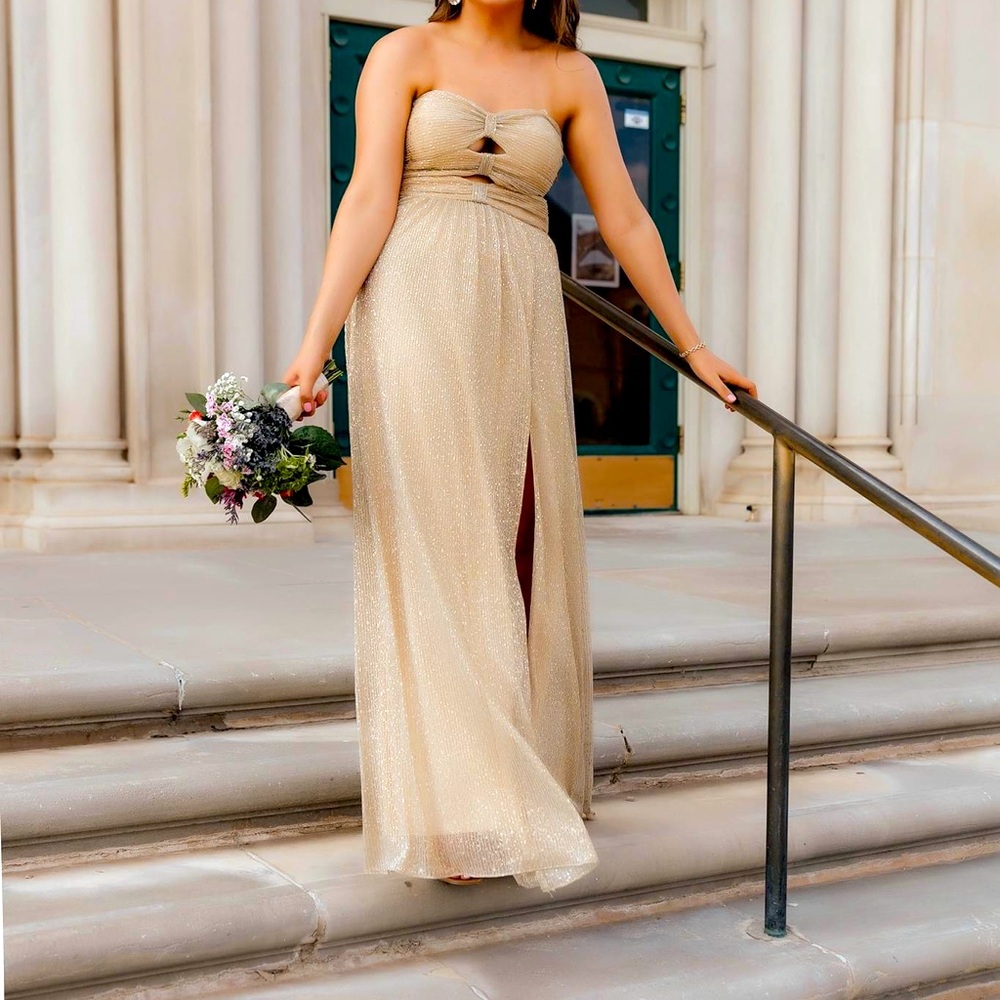 Aqua Strapless Shimmering Gold Dress